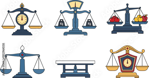 Weight Scale Set with Vintage Balance Scales, Precision Measurement Tools, Justice Law Symbols, and Kitchen Weighing Instruments.
