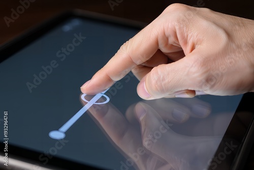 A hand interacting with a tablet screen by touching a blue slider control with a finger