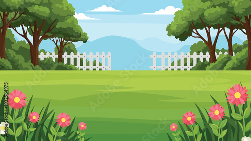 Serene backyard garden features a lush green lawn, vibrant pink flowers, and a white picket fence with a mountain view.