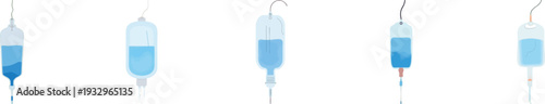 Watercolor A close-up view of an intravenous drip bag with tubing and needle, containing blue fluid set isolated on white background