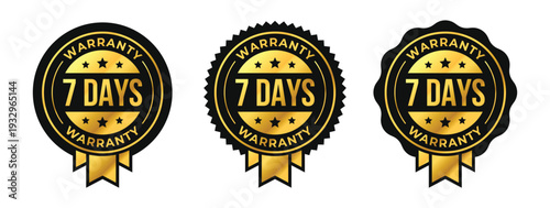 7 days premium luxury warranty logo set with golden ribbon and stars in circle vector illustration. For icon, sign, symbol, badge, stamp, seal, label, shield, stickers, certificate, award