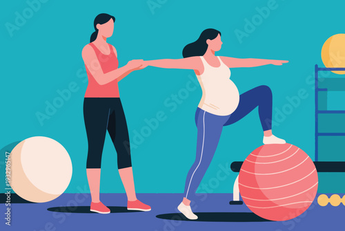 A Pregnant Woman Exercising with Her Trainer Illustration Creative Design Template 