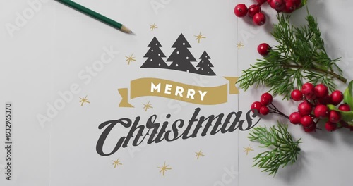 Animated red berry Christmas decorations and greetings on a white background.