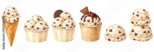 A charming watercolor collection of chocolate chip ice cream, including waffle cones, paper cups, and stacked scoops.
