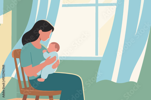 Mother Holding Her Baby While Sitting Near the Window Illustration Creative Design Template 