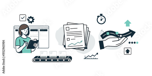 Modern minimal flat vector conceptual collage, crisp hard edges, consistent THIN outline stroke, rounded corners where needed,