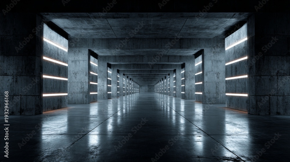 Fototapeta premium Futuristic underground tunnel with reflective concrete surfaces and neon lights