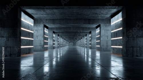 Futuristic underground tunnel with reflective concrete surfaces and neon lights