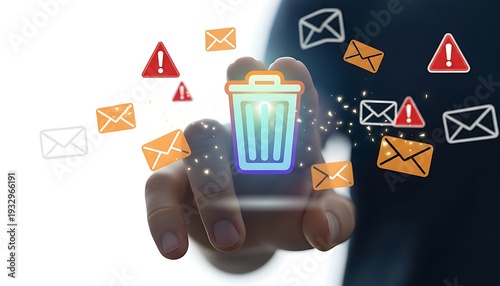 Businessman deleting digital spam and junk email messages from a virtual interface using a glowing trash can icon symbolizing important data cleanup.