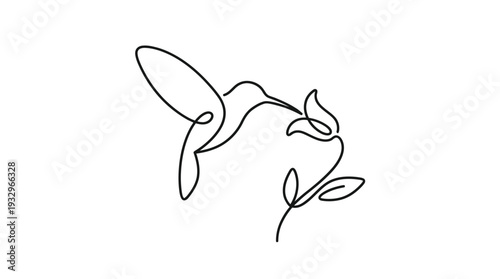 Hummingbird and Flower One-Line Icon, Single Continuous Line Hovering Bird Minimal Outline