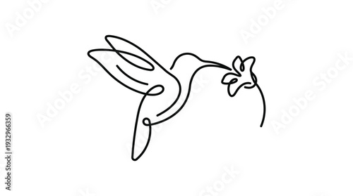 Hummingbird and Flower One-Line Icon, Single Continuous Line Hovering Bird Minimal Outline