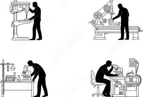 Technical and scientific work silhouette illustration set, drill press, lathe machine, laboratory microscope, research workstation, engineering and science vector graphics