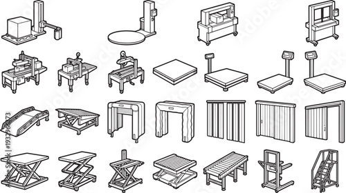 An assortment of industrial tools and equipment. A comprehensive collection of industrial machinery, capturing the essential tools for various operations and processes.