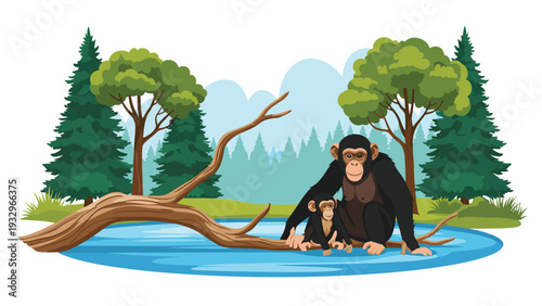 Adult chimpanzee and a small infant sit together on a fallen log near a blue river in a lush pine forest setting.