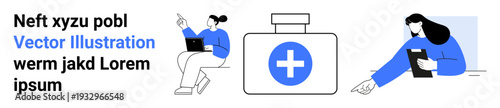 Telemedicine, healthcare, online consultation, modern medicine, patient care, digital services. A medical kit with a cross and two people using devices. Telemedicine and healthcare