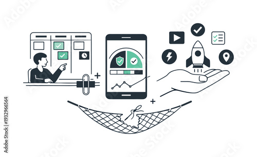 Efficient Workflow Design. Modern minimal flat vector conceptual collage, crisp hard edges, consistent THIN outline stroke,