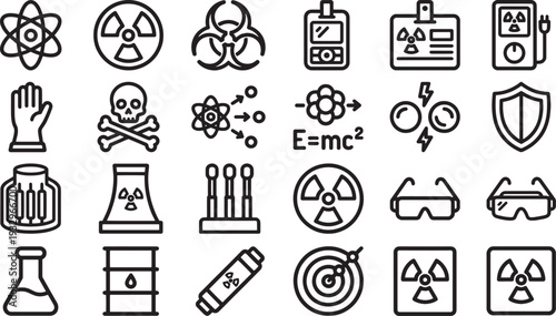 A comprehensive collection of scientific and hazardous symbols, neatly arranged and ready for your next project. Illustrating the danger, caution, and warning signs related to atomic, radioactive.