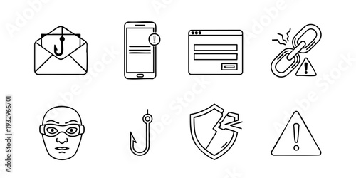 Collection of simple line icons representing online security threats and phishing on a white background displayed from a straightforward viewpoint