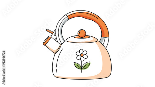 Charming white whistling kettle with a vibrant orange handle and a delicate flower design, perfect for a cozy kitchen scene.