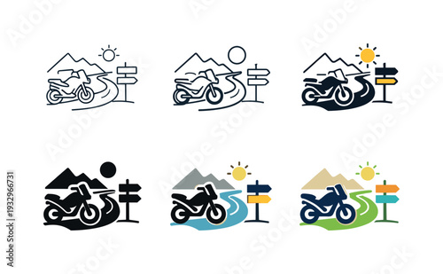 Adventure motorbike icon showing stylized motorcycles, winding roads, and direction indicators representing travel, touring, and
