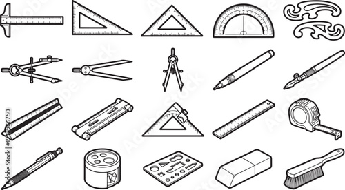 Diverse group of technical drawing tools for drafting and design, arranged in a neat and organized grid. Emphasizing precision and accuracy.