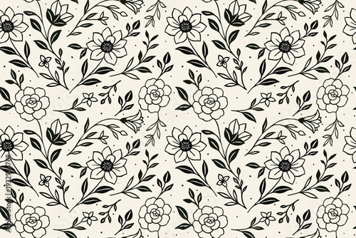 Seamless black and white floral pattern with blooming flowers and leafy stems on soft beige background, elegant botanical repeat design for fabric decor.