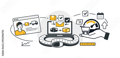 Modern minimal flat vector conceptual collage, crisp hard edges, consistent THIN outline stroke, rounded corners where needed,