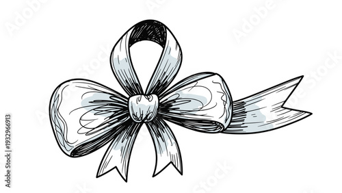 Hand-drawn white ribbon bow illustration, featuring a loose, elegant style and subtle shading, perfect for decorative accents.