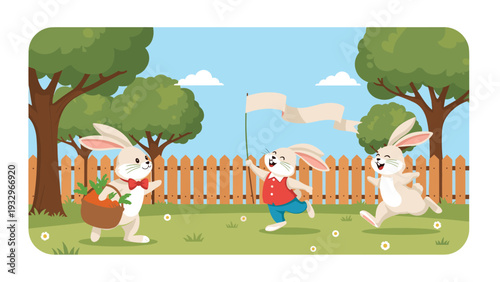 Three happy cartoon rabbits celebrating in a fenced garden with a basket of carrots and a white banner on a sunny day.