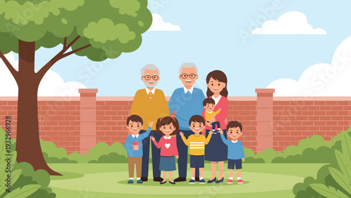 Large multi-generational family standing together in a park with grandparents, parents, and children smiling in front of a brick wall.