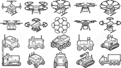 A collection of diverse drones and vehicles, illustrated in a clean, modern style, ready for various technological applications.