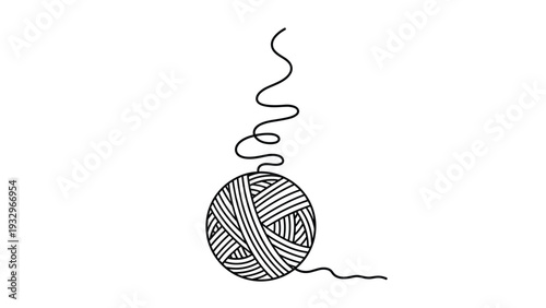 Simple black and white line art illustration of a perfectly wound ball of yarn, with a single loose thread gracefully extending upwards.