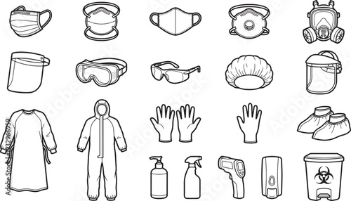 Collection of personal protective equipment items, essential for health and safety, creating a versatile and comprehensive collection.