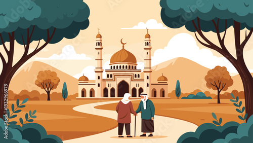 Elderly muslim couple holding hands and walking along a path towards a beautiful white mosque with minarets in a desert landscape.