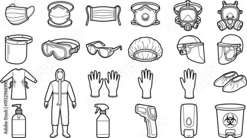 Set of Medical protective equipments illustration. This illustrations showcasing various medical protective equipment in a flat design, including face masks, goggles, gloves, and protective suits.
