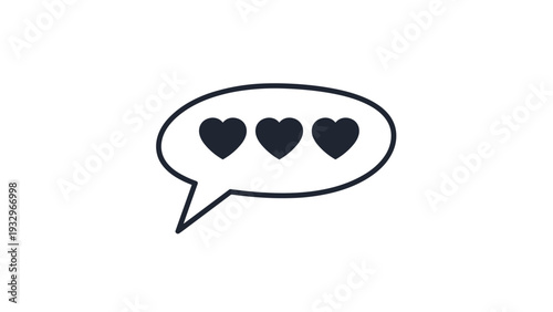 Expressive speech bubble containing three solid heart icons, symbolizing love, positive feedback, or romantic communication.
