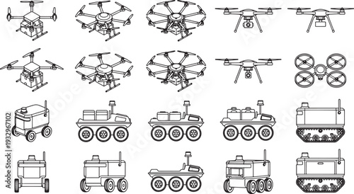 Illustrative rendering of cutting-edge technology: drones and rovers.