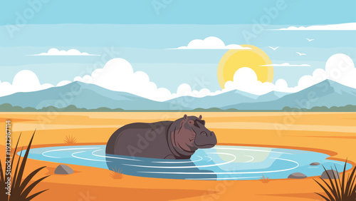 Large hippopotamus bathing in a small pool of water in an african savanna landscape under a bright yellow sun and blue sky.