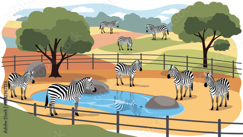 Group of zebras grazing and standing near a small pond in a fenced zoo enclosure with trees and hills in the background.