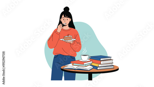 Relaxed woman enjoying a slice of cake and coffee at a table laden with books, illustrating a cozy reading moment.