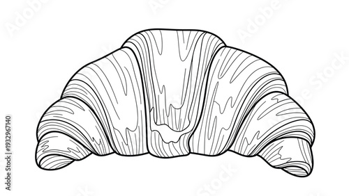 Detailed black and white line art illustration of a freshly baked croissant, emphasizing its intricate flaky layers and classic shape.
