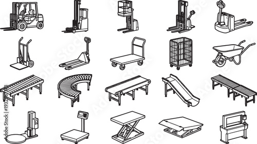 A collection of industrial material handling equipment rendered in a clean, graphic style, perfect for illustrating logistics, warehouse, and supply chain concepts.