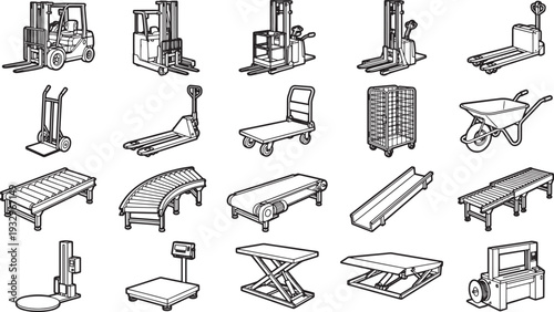 Diverse collection of machinery, equipment, and apparatus, encompassing a range of industrial tools, vehicles, and systems essential to supply chain management and warehousing. 