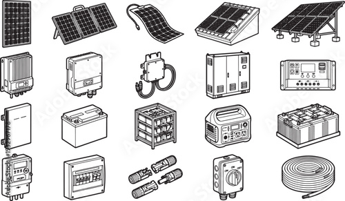 A collection of clean energy components, solar panel, electric device, and a diverse range of alternative energy devices and components, illustrated. 