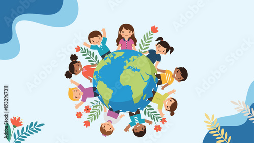 Diverse group of children from different cultures holding hands and standing around a globe of the earth with floral accents.