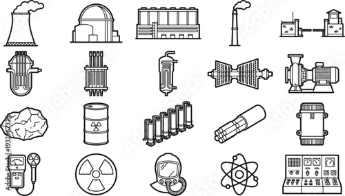 An Array of Modern Nuclear Power Plant icons and Elements illustrating the industrial ecosystem with monochrome style.