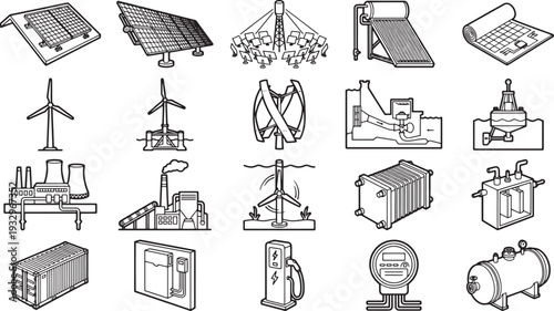 Collection of graphic icons depicting various sustainable and renewable energy sources, celebrating innovation in a green, eco-friendly way. 