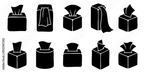 Collection of tissue boxes with various cloth items in vector illustrations