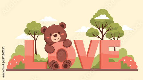 Adorable brown teddy bear sitting behind a large red LOVE sign in a garden with trees, bushes, and white clouds.