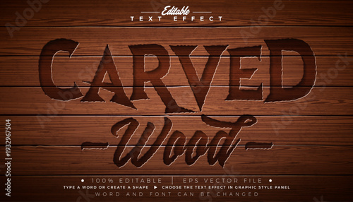 Carved Wood Editable Text Effect Design Vector Graphic Style with Vintage Wooden Hand-Carving Typography Lettering and Shadow on Natural Background. Scalable Engraved Texture Luxury Illustration